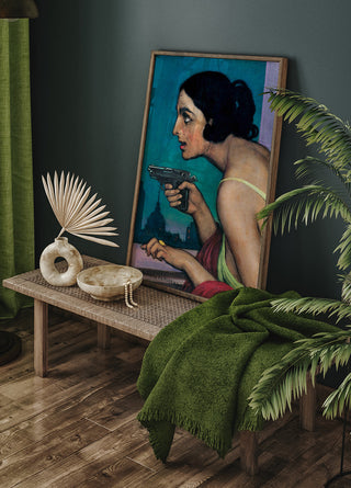 Vrouw met een pistool vintage poster