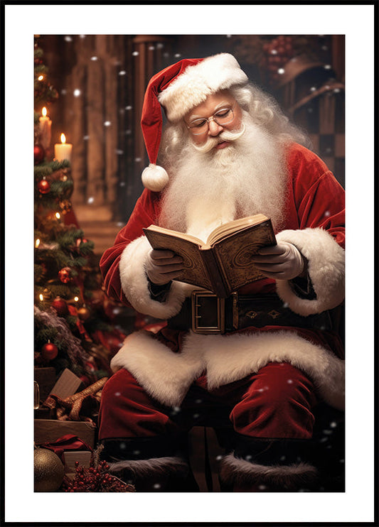 a santa claus reading a book in front of a christmas tree