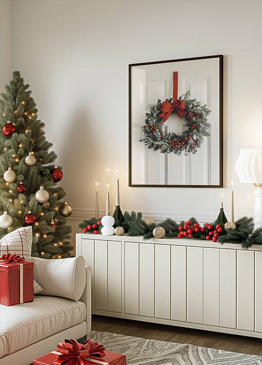 a living room decorated for christmas with a christmas tree