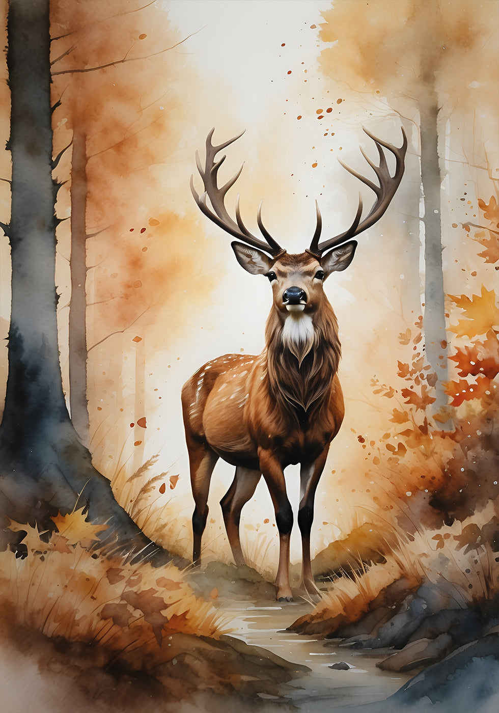 a painting of a deer standing in a forest