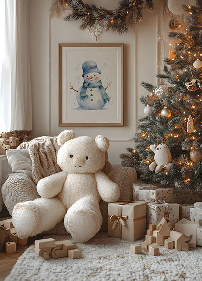 a teddy bear sitting in front of a christmas tree