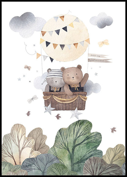 Bear Friends In Hot Air Balloon Nursery Plakat - Posterbox.no