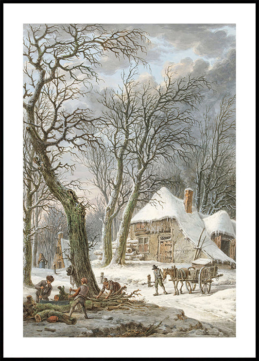 a painting of a winter scene with a horse drawn sleigh