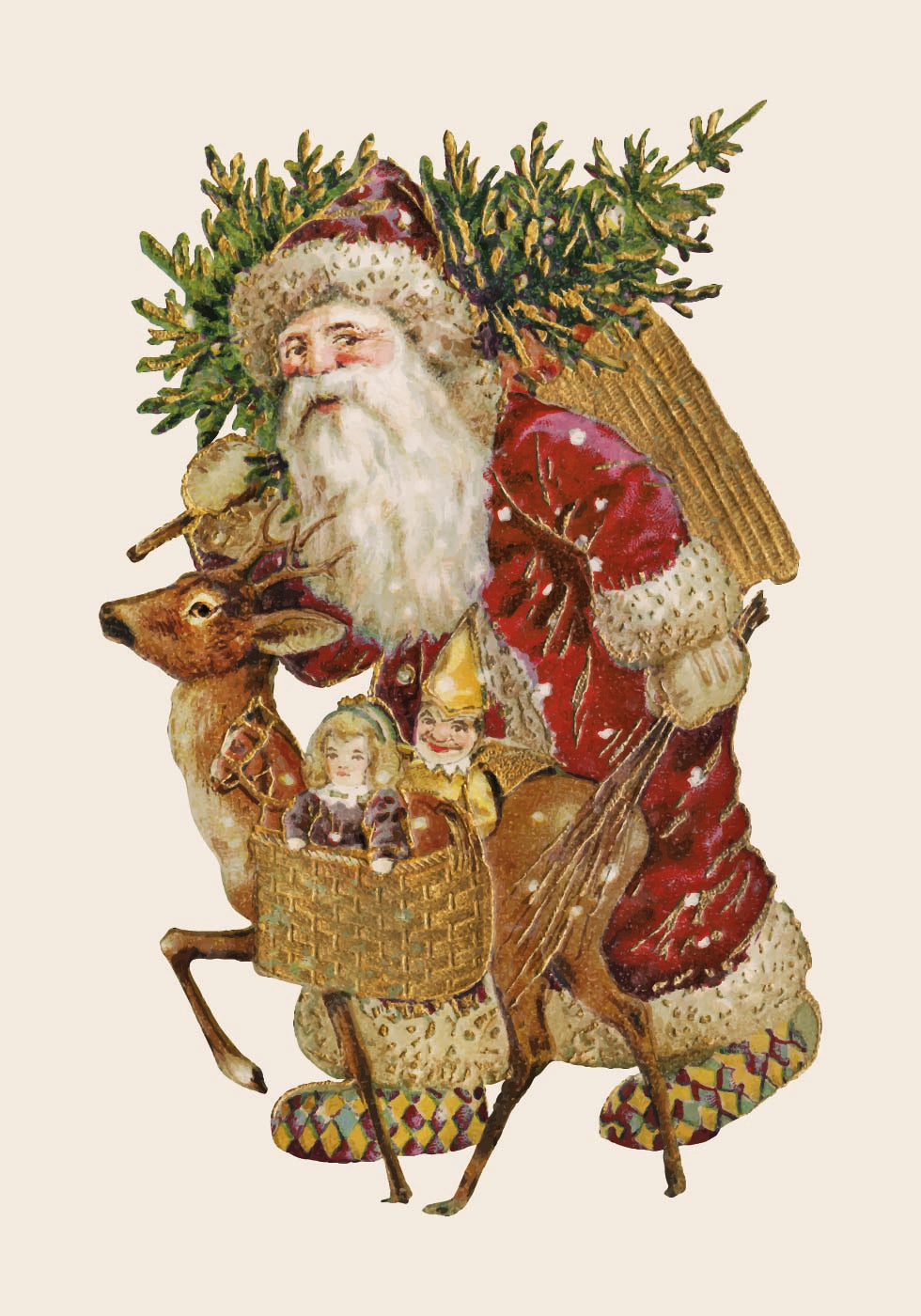 a painting of a santa claus with a deer