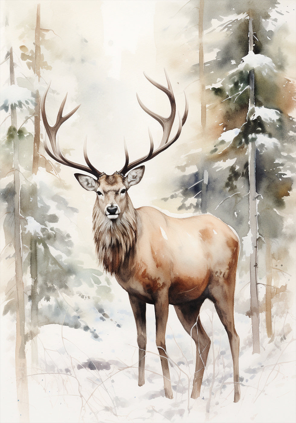 a painting of a deer standing in the snow