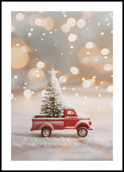 a red truck with a christmas tree on the back