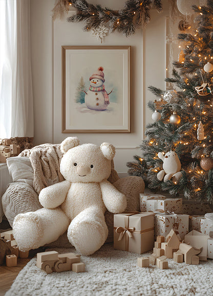 a teddy bear sitting next to a christmas tree