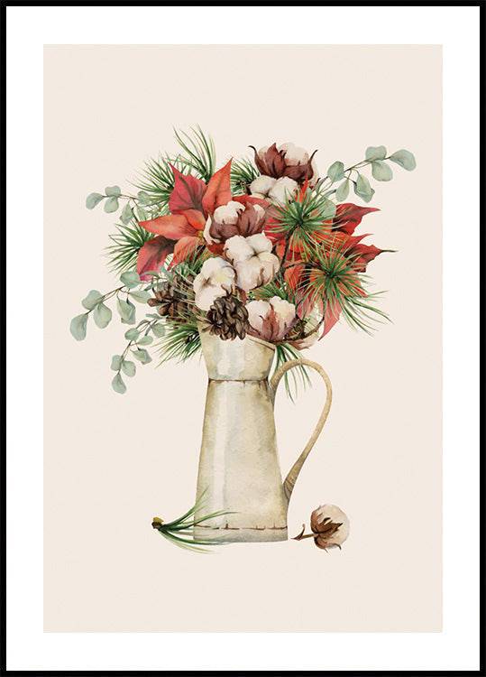 a painting of a watering can filled with flowers