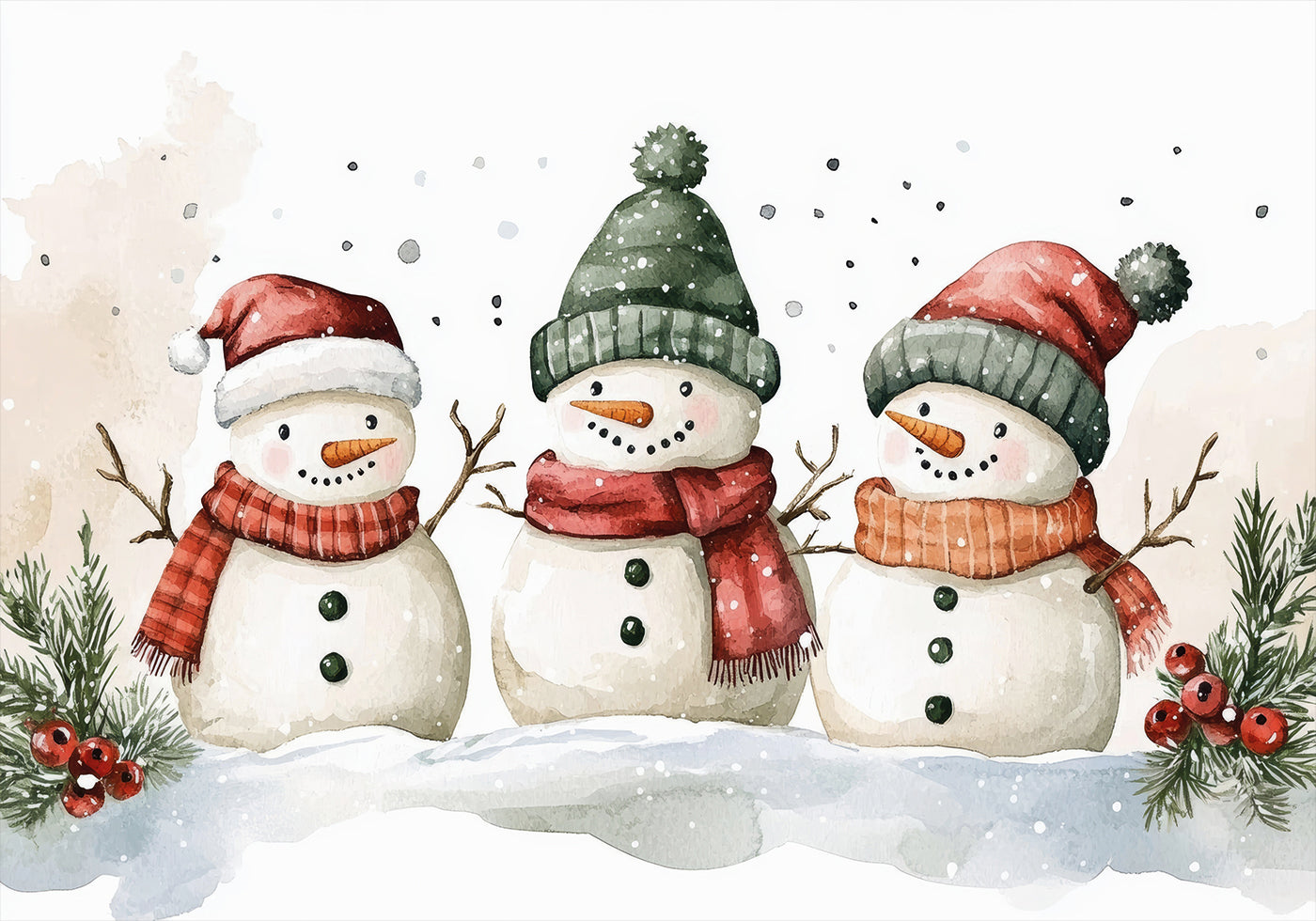 three snowmen wearing hats and scarves in the snow