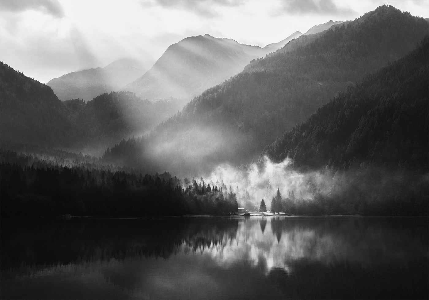 Foggy Shore of A Mountain Lake Poster