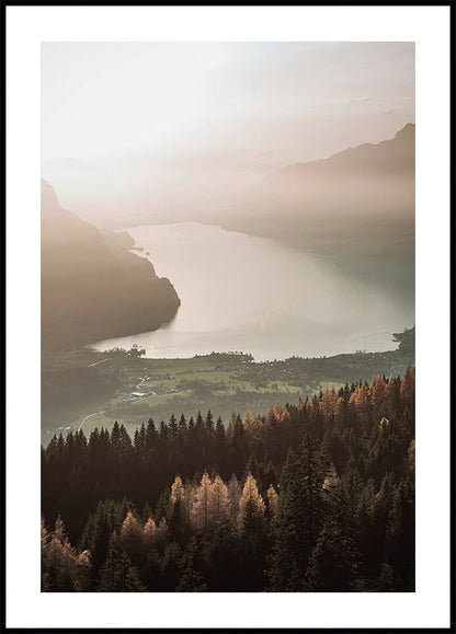 Misty Lake and Mountain View Poster