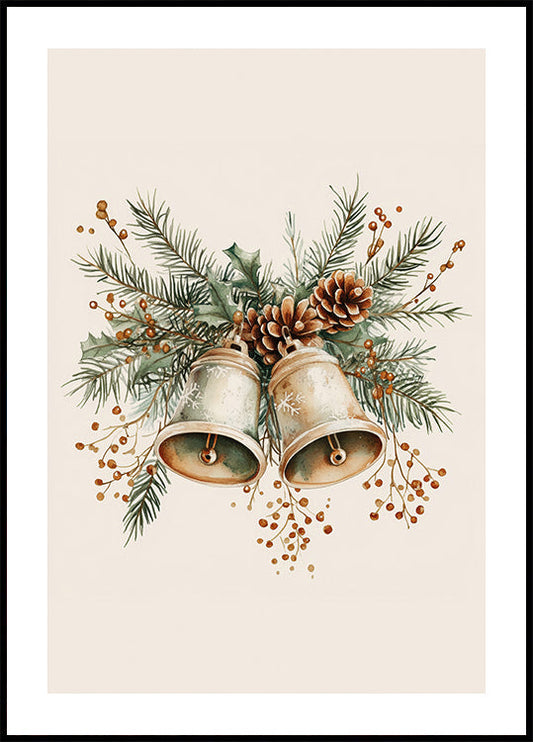 Watercolor Christmas Bells with Pinecones and Berries Poster