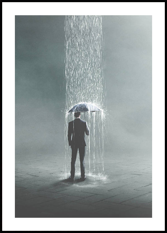 Setback, man under umbrella in isolated rain Poster