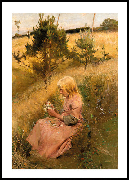 Girl in a Meadow Holding Flowers Poster