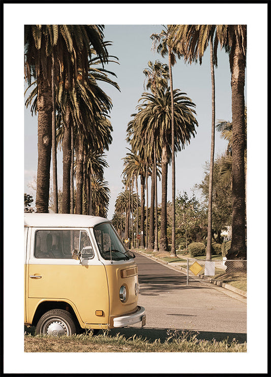 Vintage Yellow Van Among California Palm Trees Poster