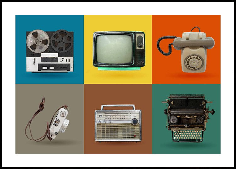 Vintage Colorful Tech Grid, Retro Gadgets Poster