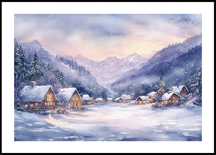 Watercolor Winter Mountain Village Poster