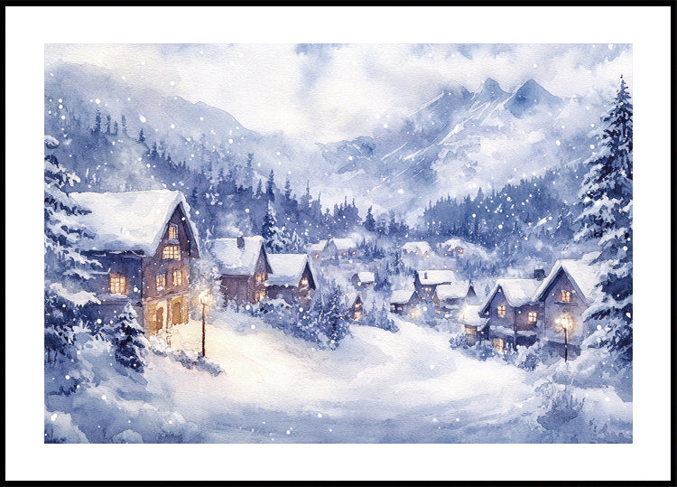 Watercolor Winter Mountain Village №2 Poster