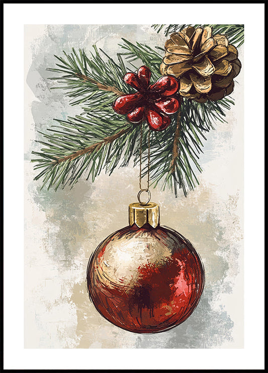 Watercolor Christmas Ball on Pine Branch Poster