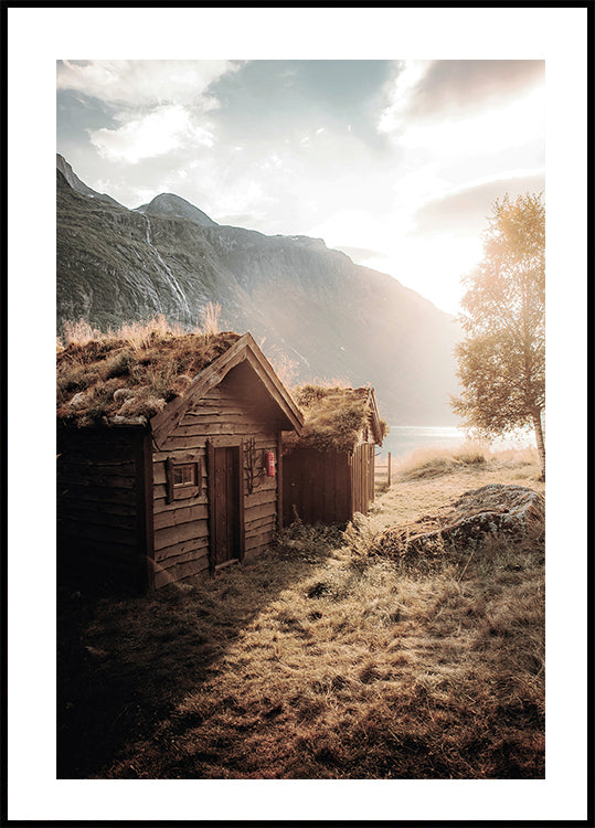 Rustic Houses at Sunset by Lovatnet Lake Poster - Posterbox.art
