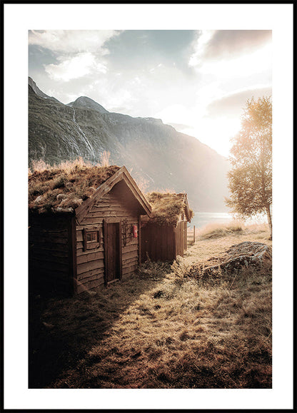 Rustic Houses at Sunset by Lovatnet Lake Poster - Posterbox.art