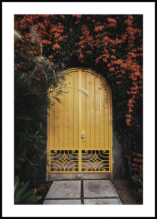 Yellow Door with Orange Flowers Poster