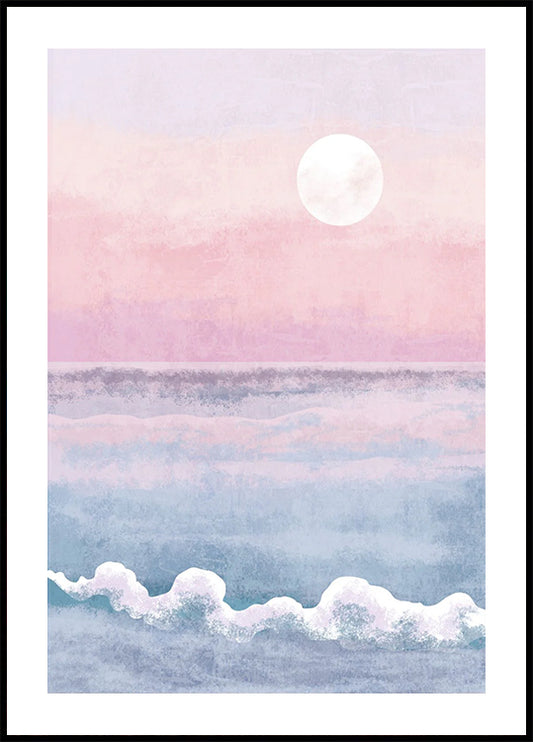 Dreamy Pastel Ocean & Moon Watercolor Poster