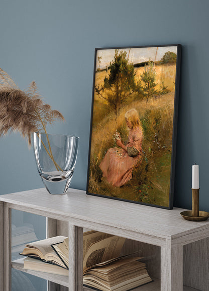 Girl in a Meadow Holding Flowers Poster