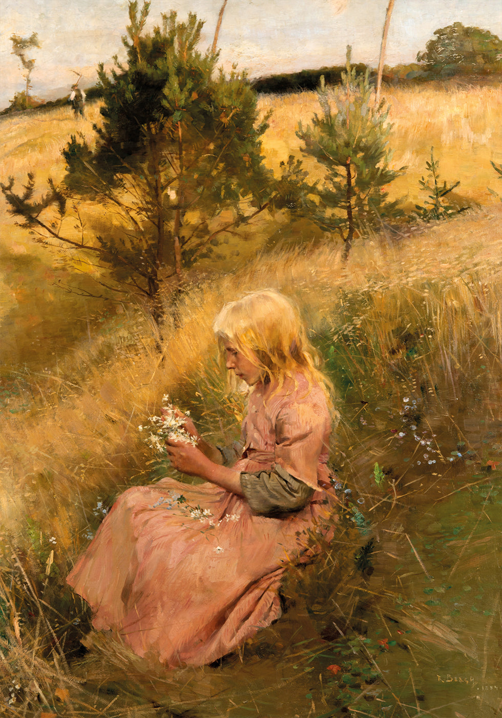 Girl in a Meadow Holding Flowers Poster