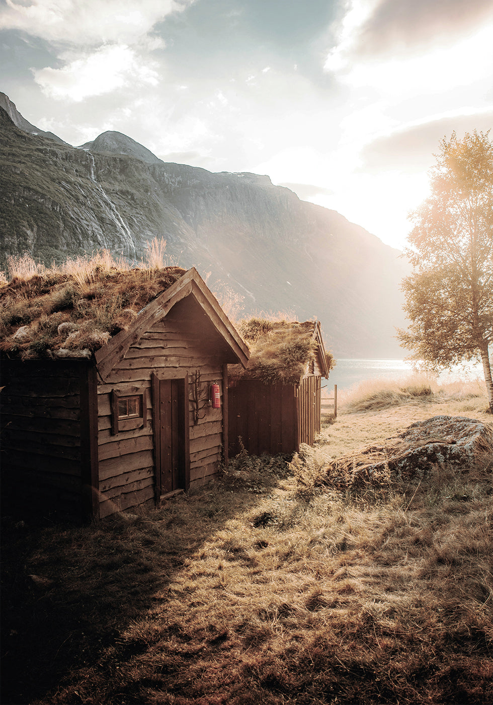 Rustic Houses at Sunset by Lovatnet Lake Poster - Posterbox.art