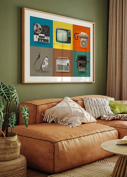 Vintage Colorful Tech Grid, Retro Gadgets Poster