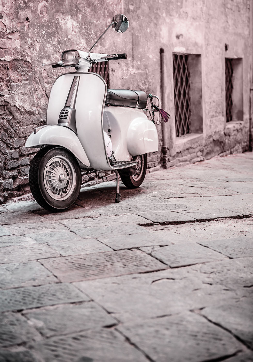 Classic Scooter in Urban Setting Poster - Posterbox.art