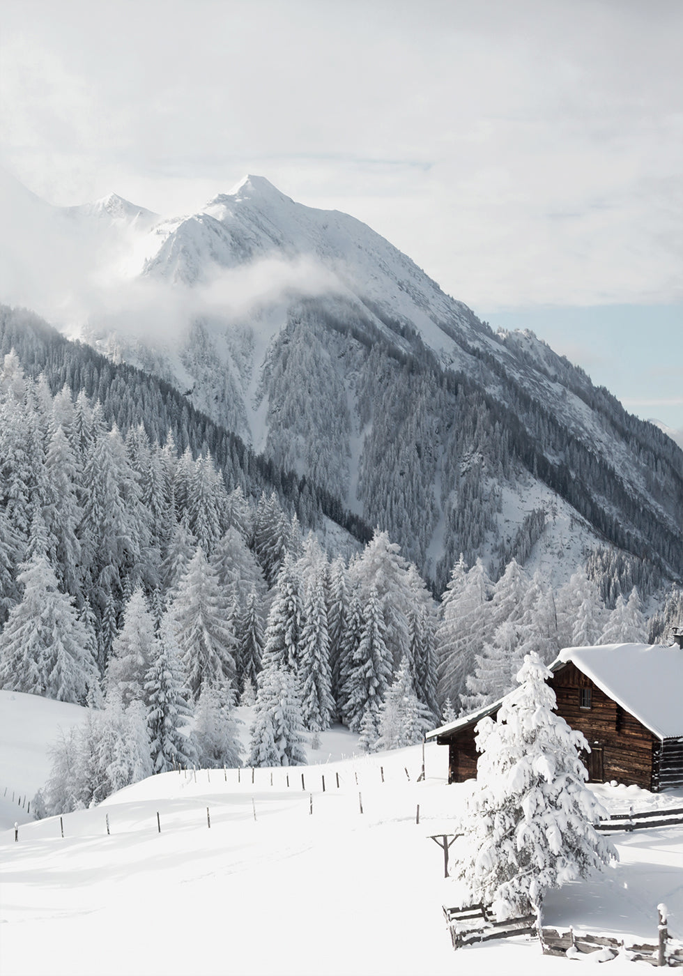 Snow-Covered Cabin in the Alps Poster - Posterbox.art