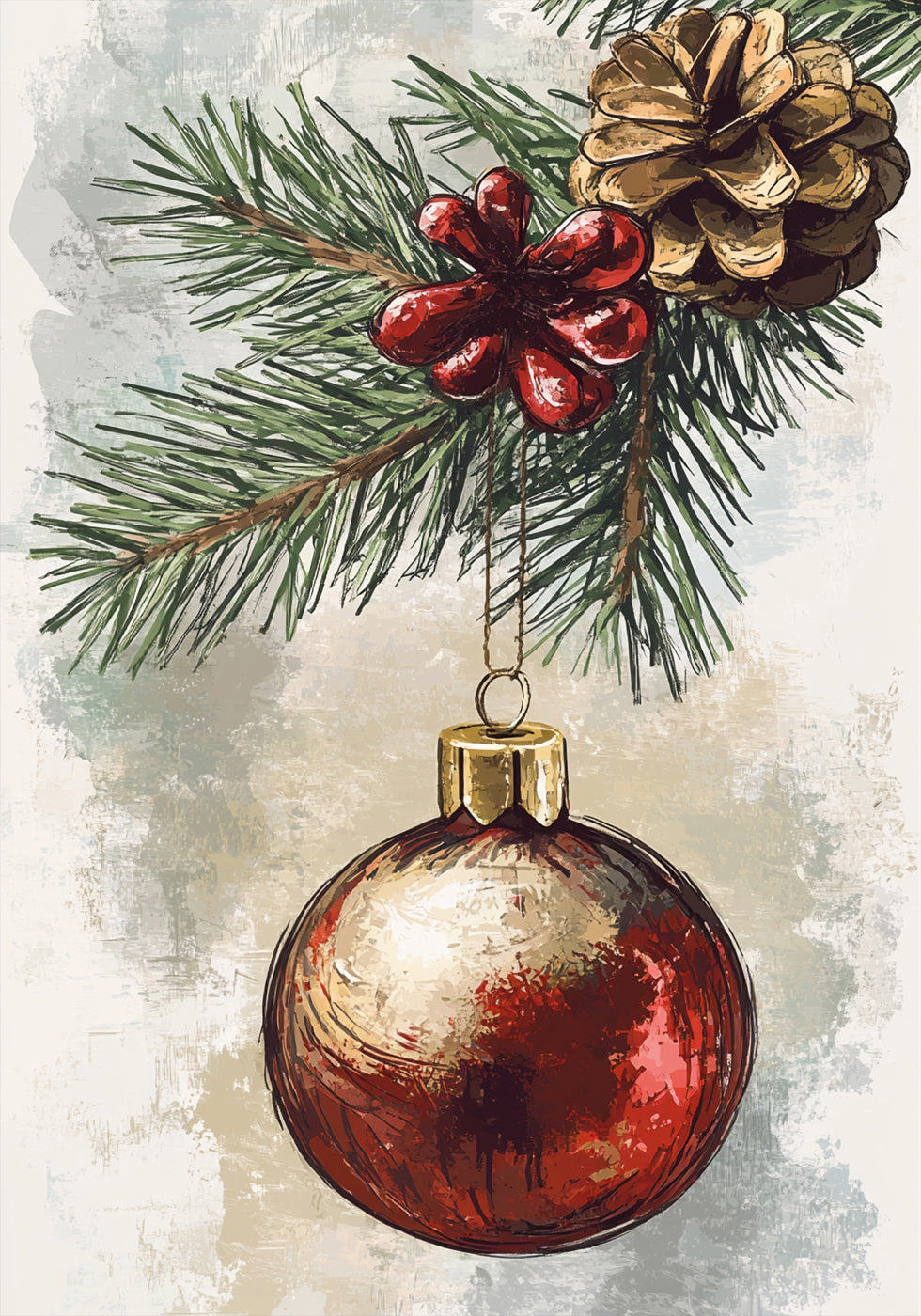 Watercolor Christmas Ball on Pine Branch Poster - Posterbox.art