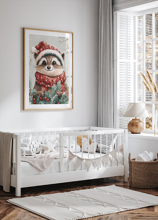 Festive Raccoon with Santa Hat Poster