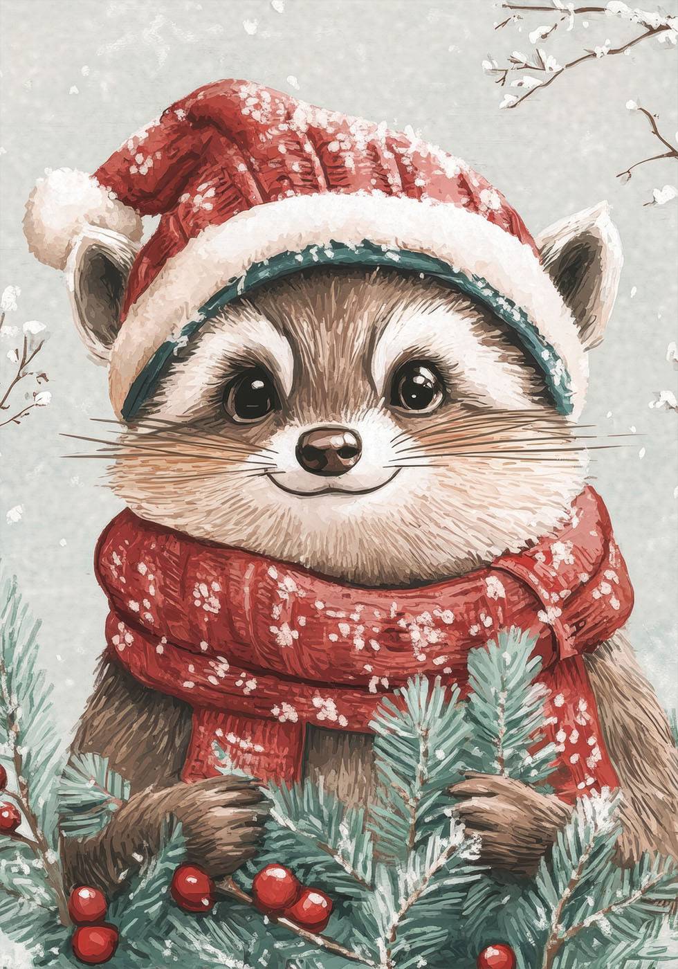 Festive Raccoon with Santa Hat Poster - Posterbox.art