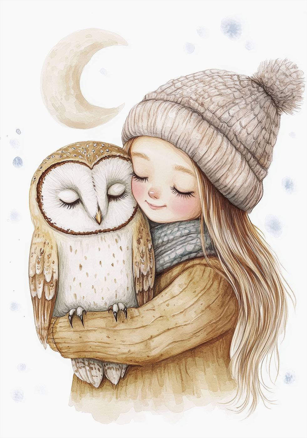 Watercolor Little Girl with an Owl  Poster - Posterbox.art