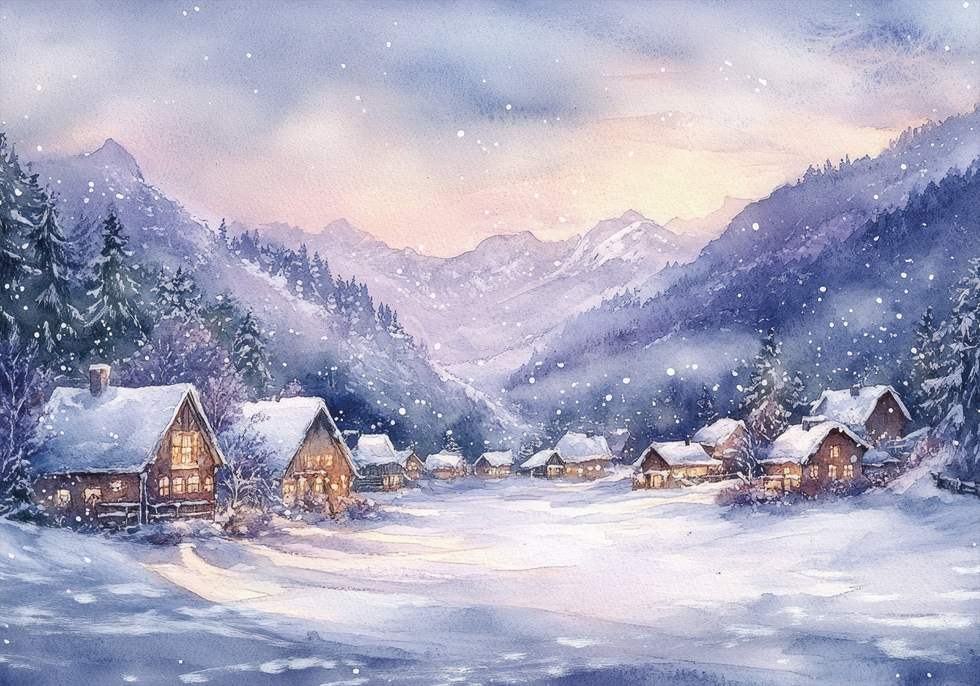 Watercolor Winter Mountain Village Poster - Posterbox.art