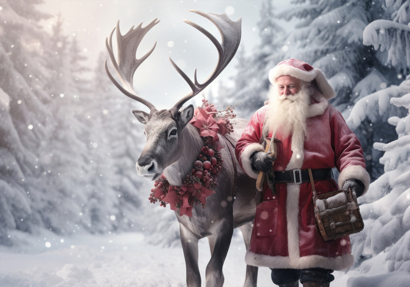 a man dressed as santa claus walking with a reindeer