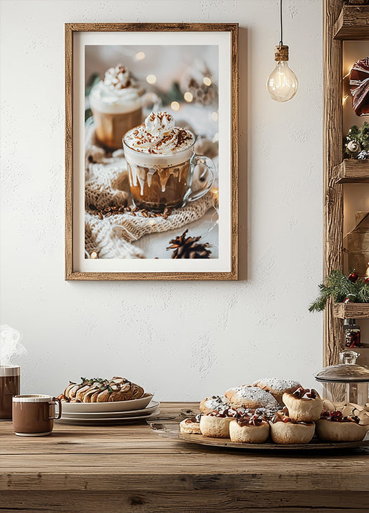 a wooden table topped with pastries and desserts