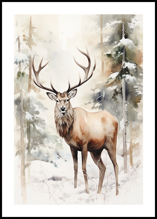 a painting of a deer standing in the snow