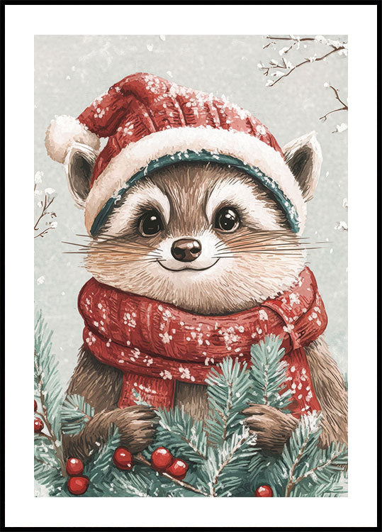 Festive Raccoon with Santa Hat Poster