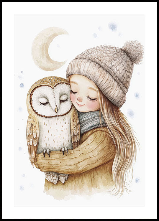 Watercolor Little Girl with an Owl  Poster