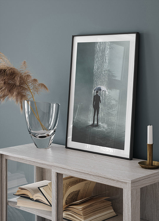 Setback, man under umbrella in isolated rain Poster