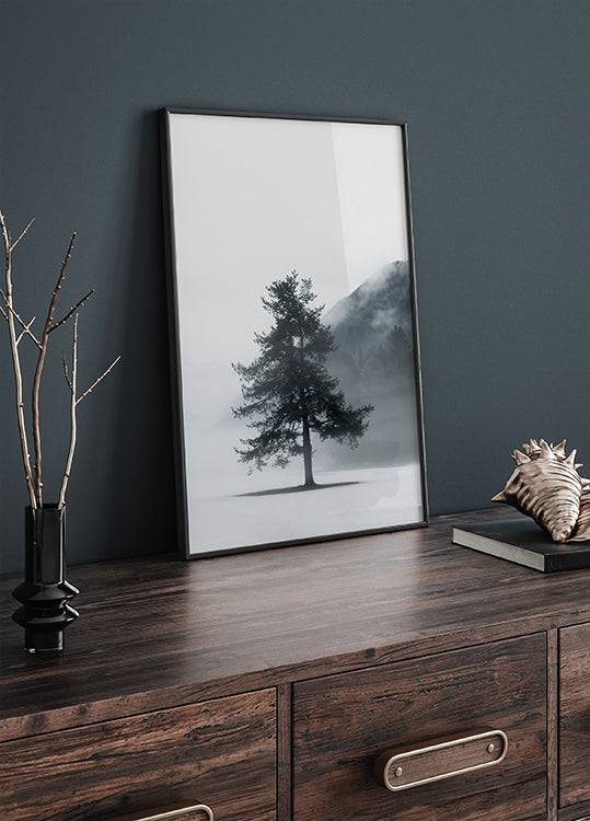 Lone Pine Tree in Foggy Field Poster - Posterbox.art