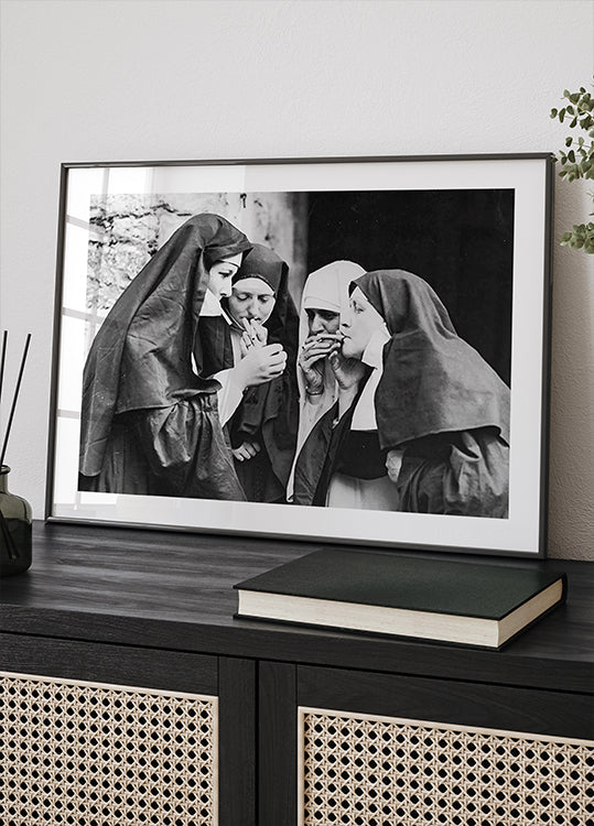 Rebellious Nuns, Black and White Smoking Nuns Poster