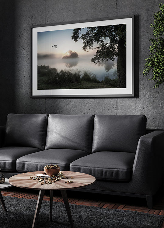 Heron Flying Over a Foggy Lake Poster - Posterbox.art